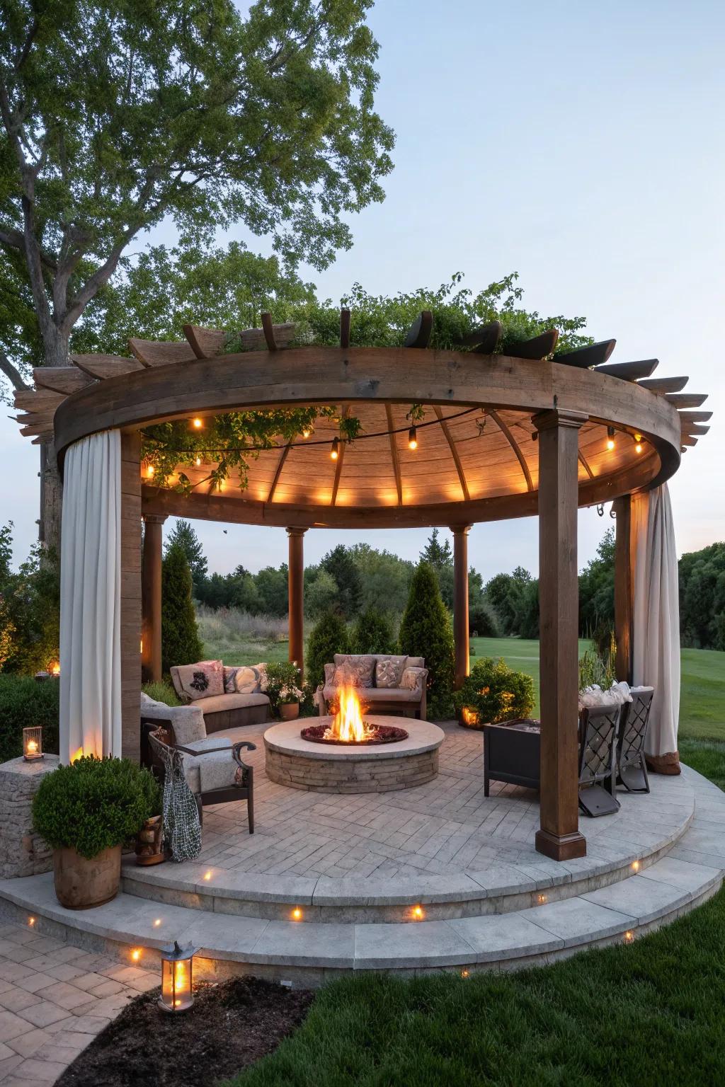 A circular pergola with a fire pit is the heart of outdoor gatherings.