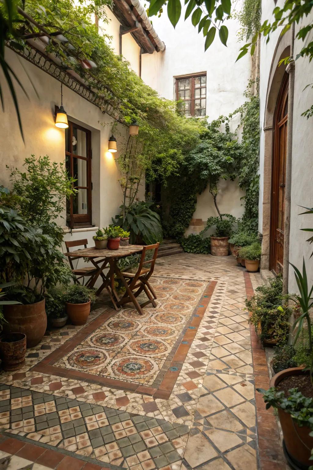 A quaint patio featuring vintage tiles, exuding charm and character.
