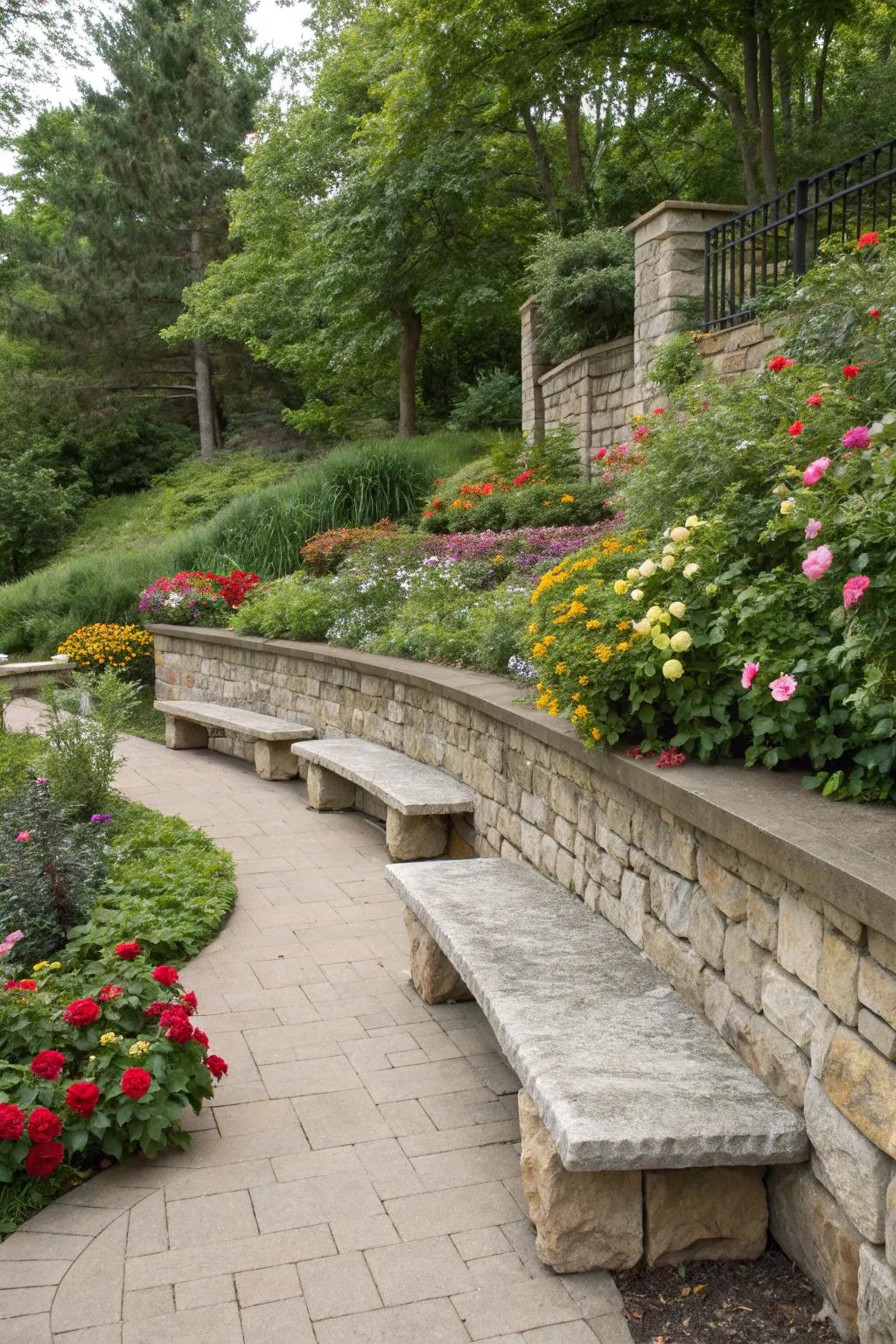Delight guests with unique seating built into your retaining wall.