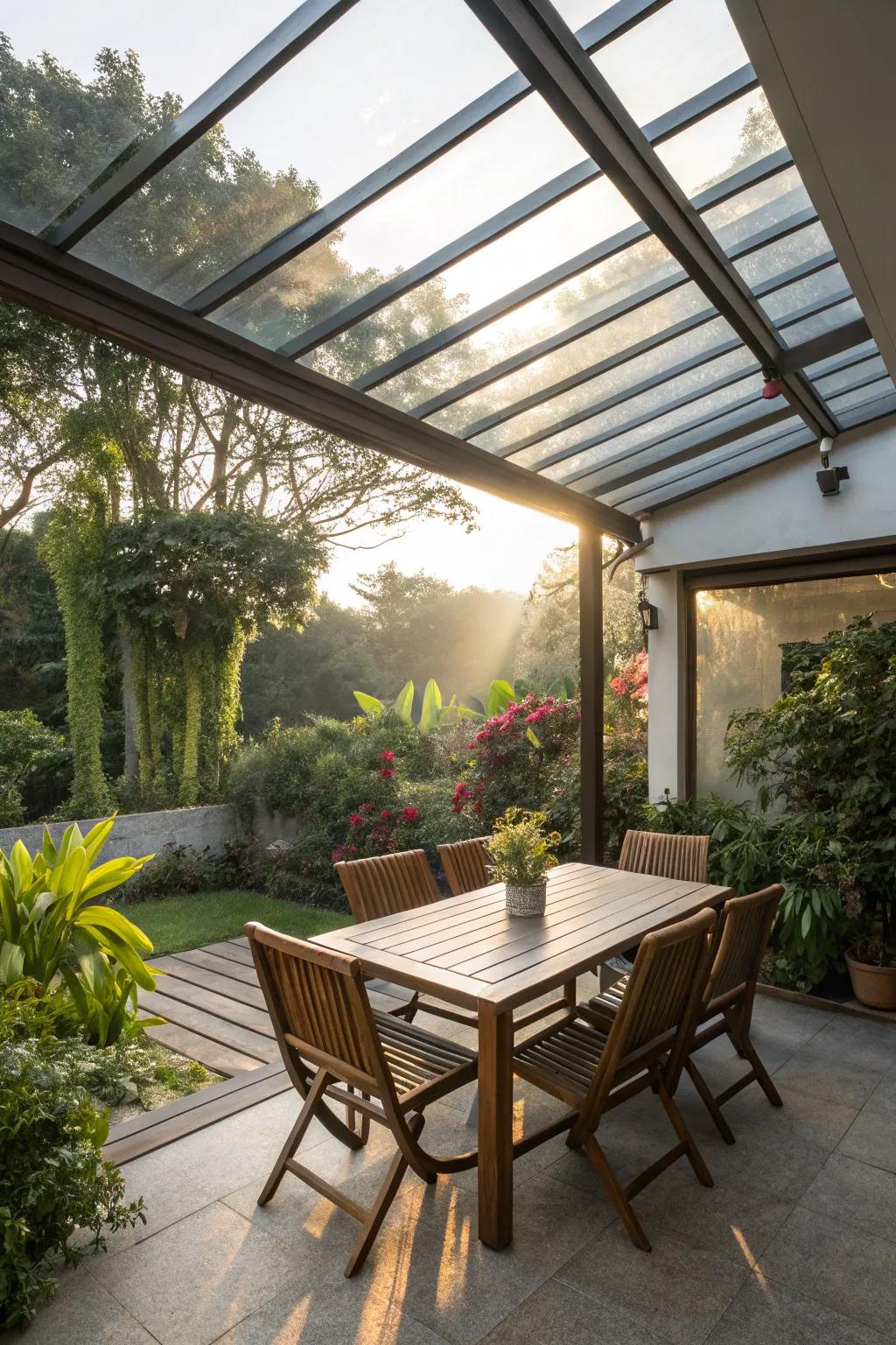 Glass-top covers offer shelter without losing sky views.