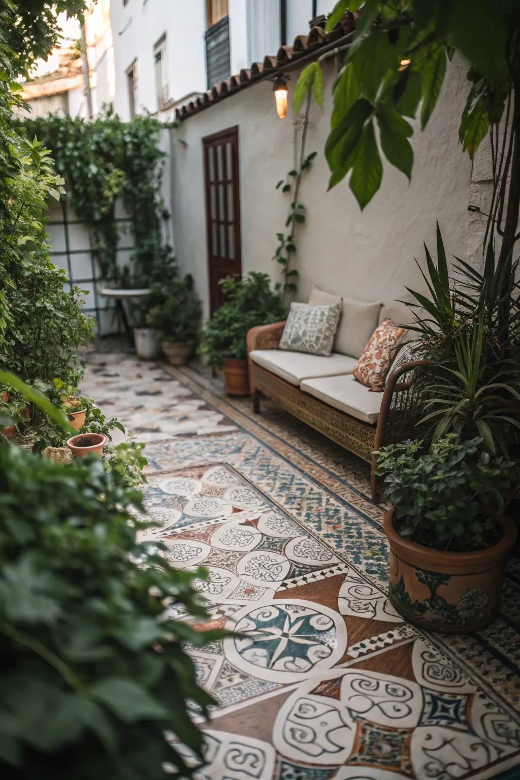 Patterned tiles giving a small patio a unique look.