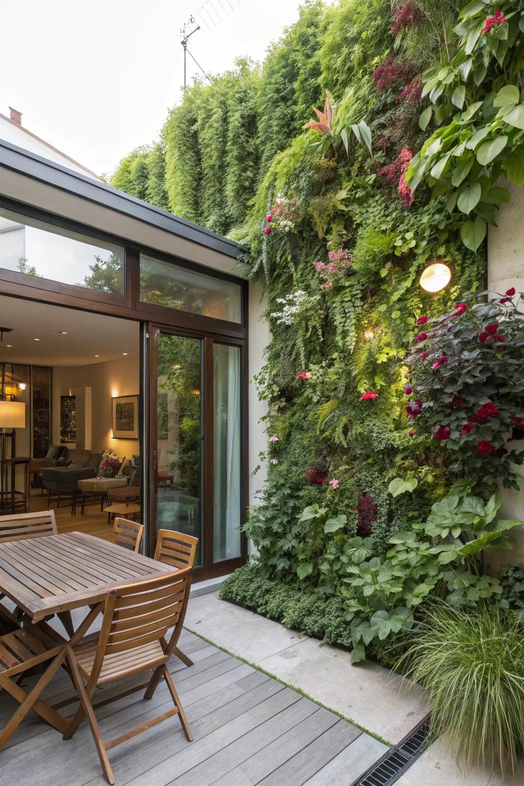 Vertical gardens provide lush greenery in limited spaces.