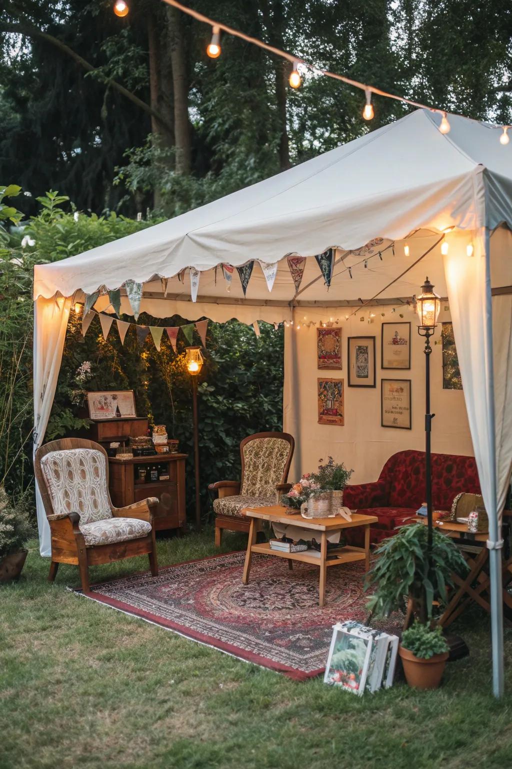 Embrace nostalgia with a vintage-inspired tent setup.