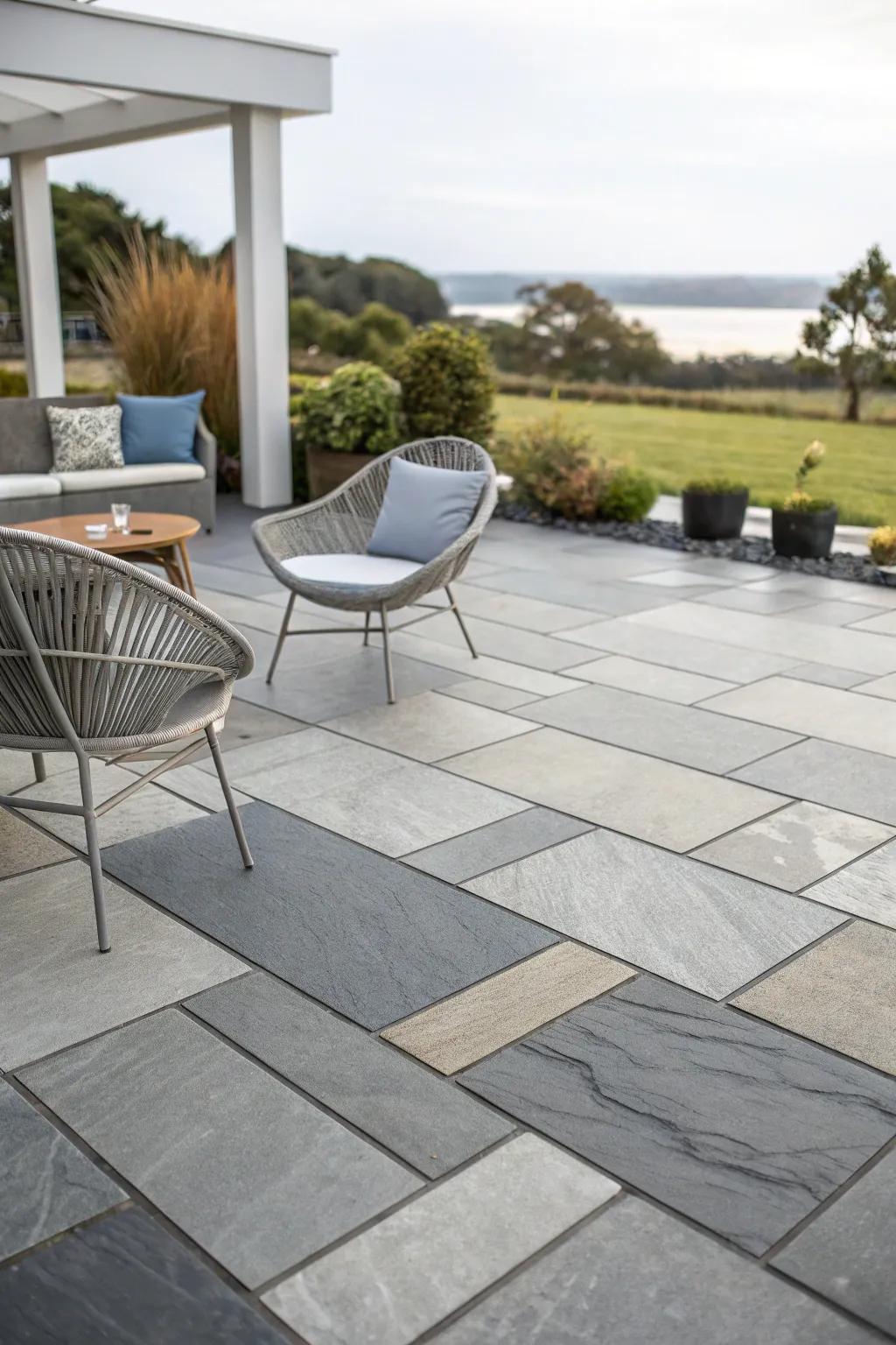 Grey tiles provide versatile elegance for any patio style.