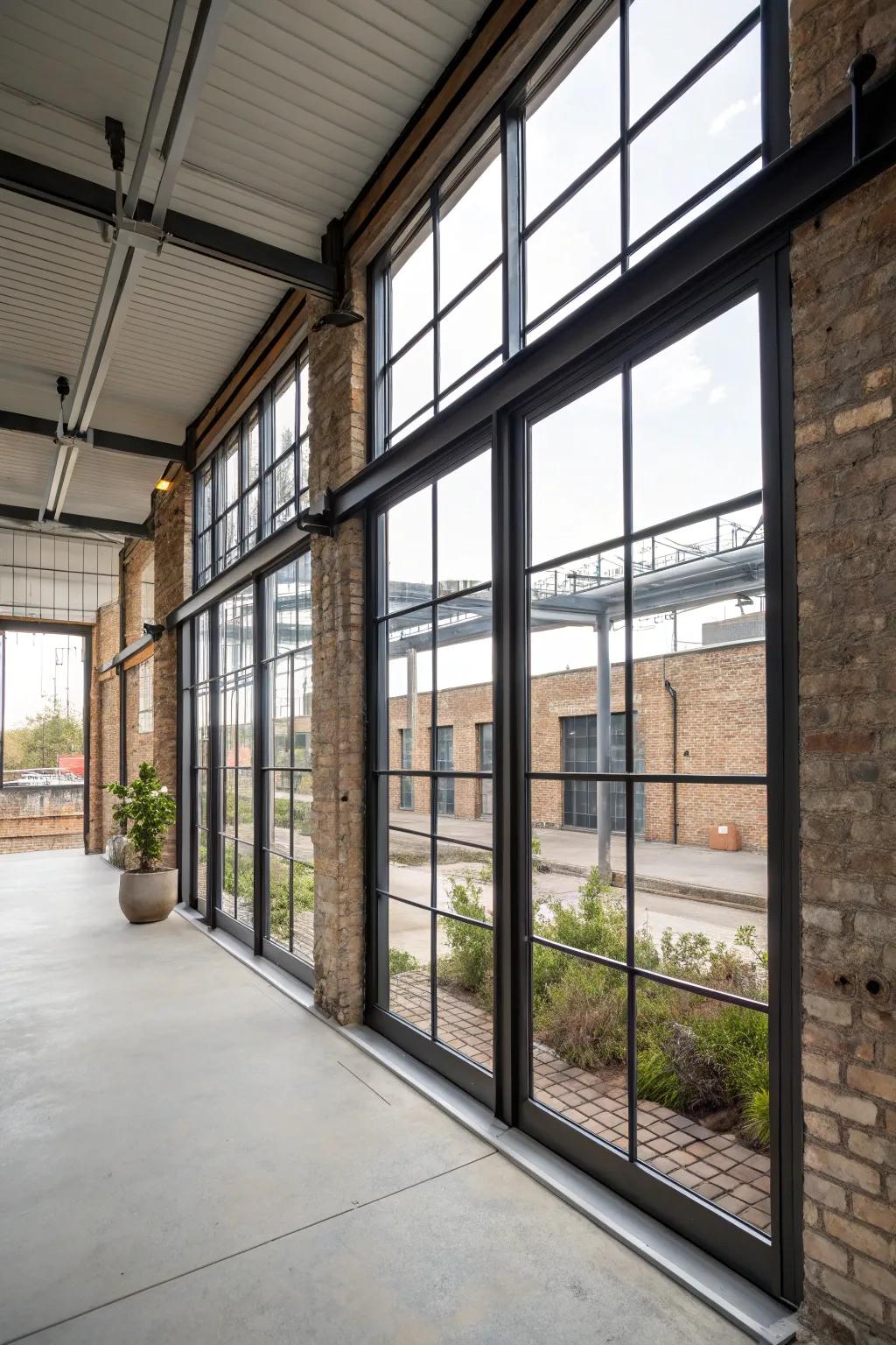 Chic steel-framed windows enhancing an industrial aesthetic.