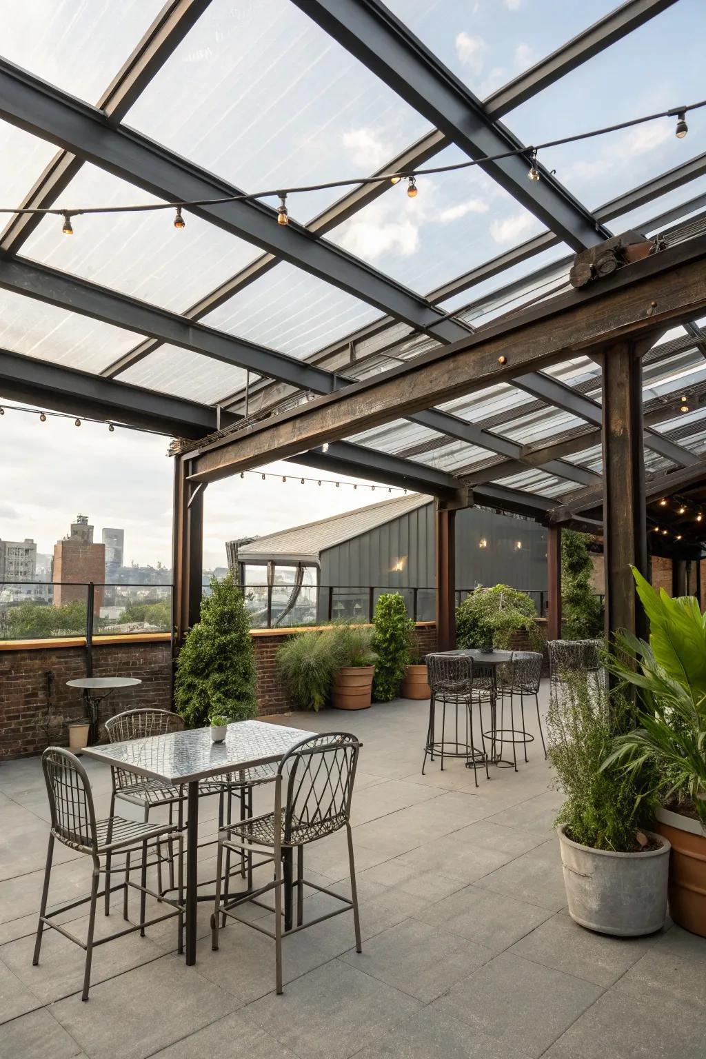 An industrial edge patio with a clear roof and urban style.