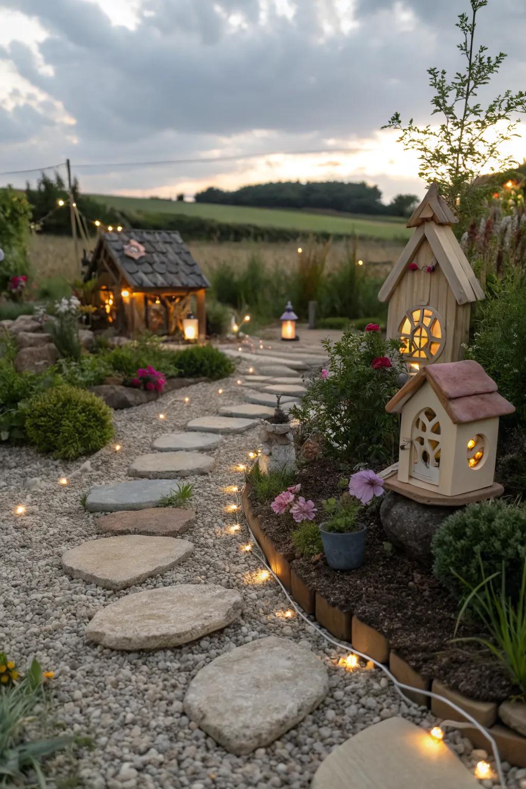 A whimsical fairy garden patio with enchanting details.