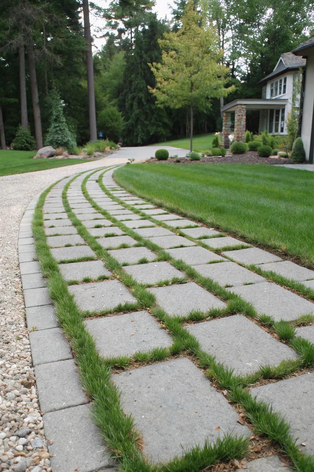 Grass strips add a natural, green touch to the driveway.