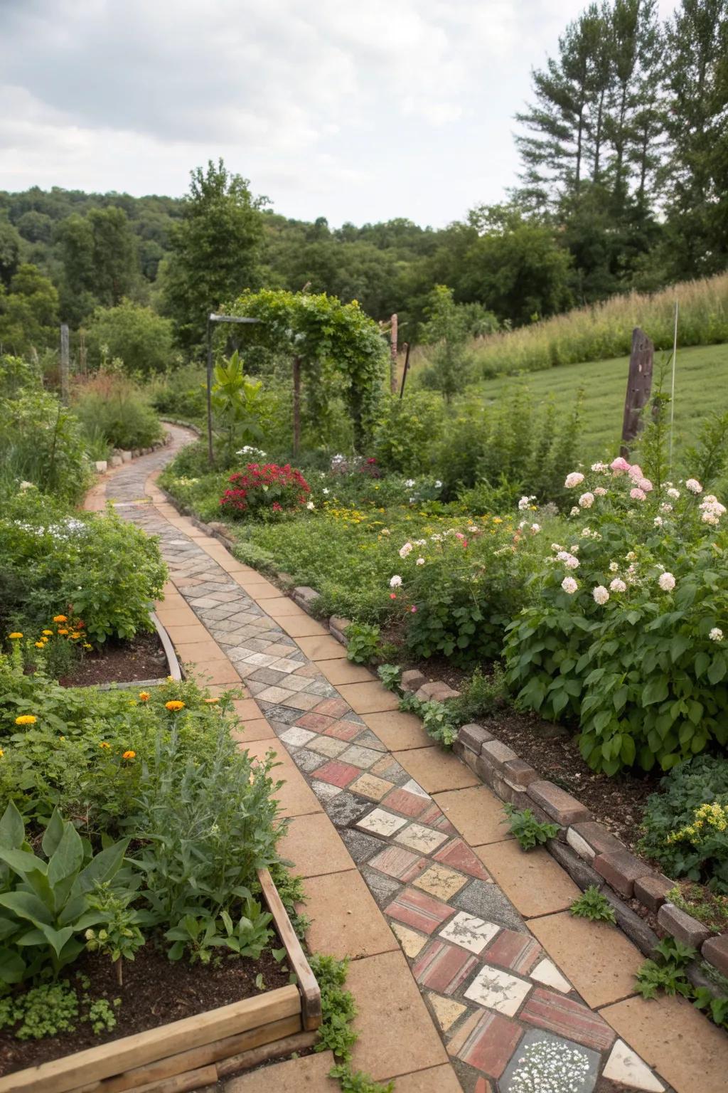Eco-friendly garden with recycled material paver edging.