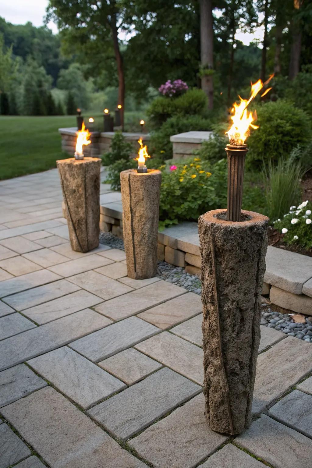 Stone torches offer a dramatic and rustic lighting option.