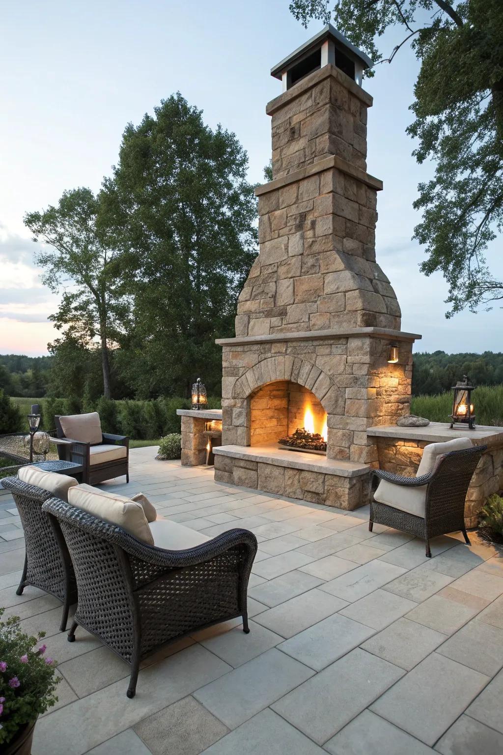 A sophisticated stone arch fireplace bringing elegance to your outdoor space.