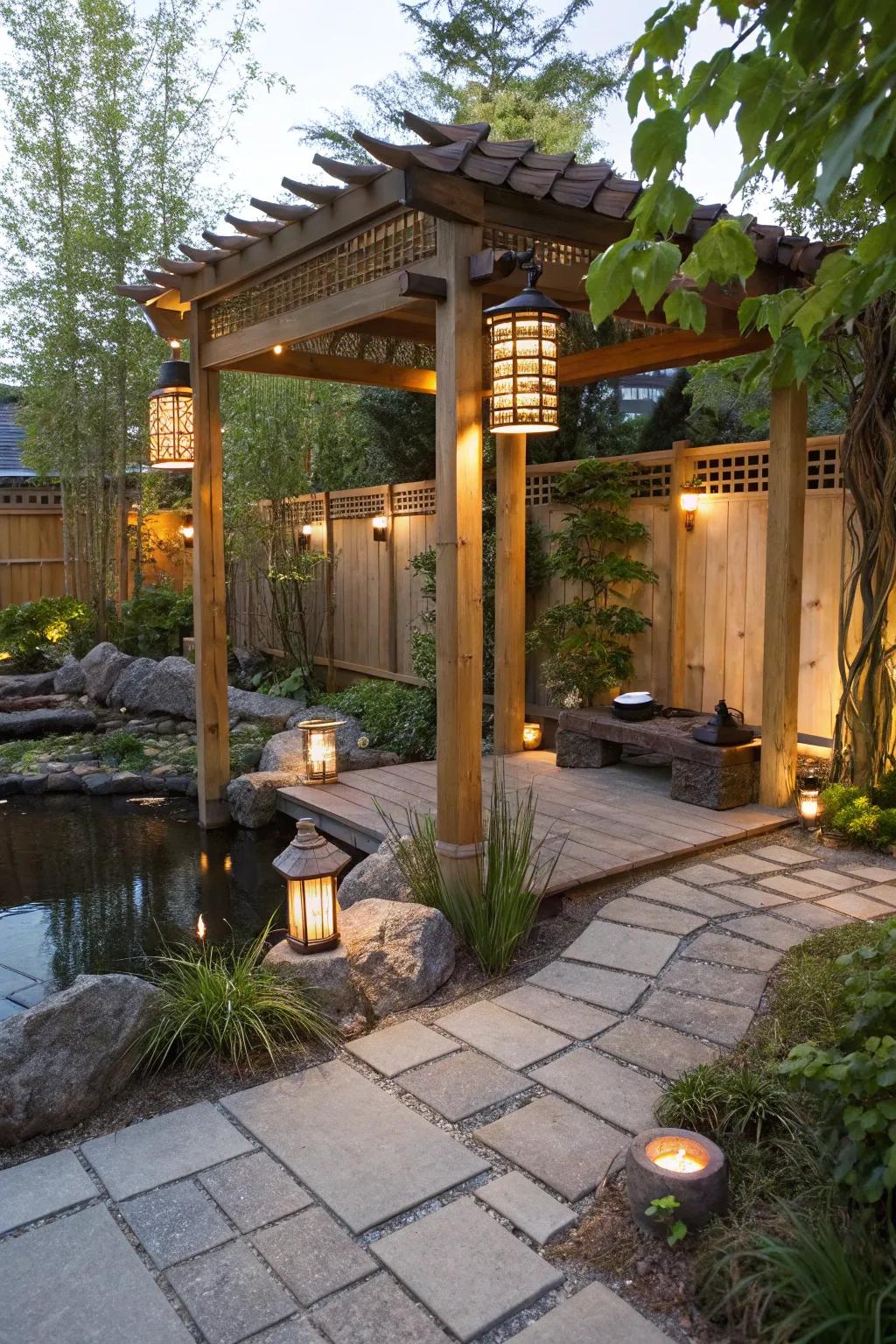 A Zen-inspired pergola creates a peaceful retreat.