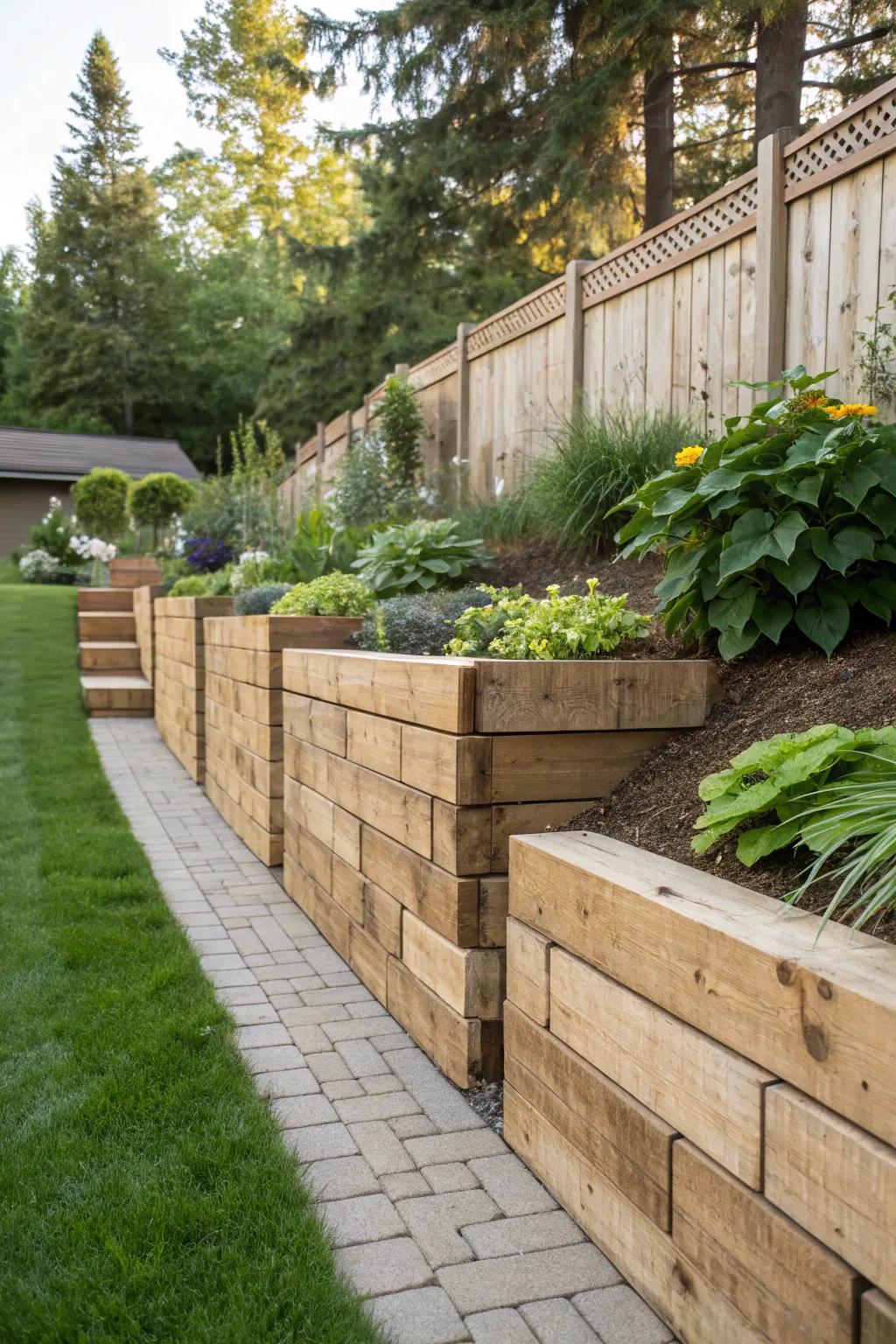 Rustic wooden paver retaining wall blending with the garden.