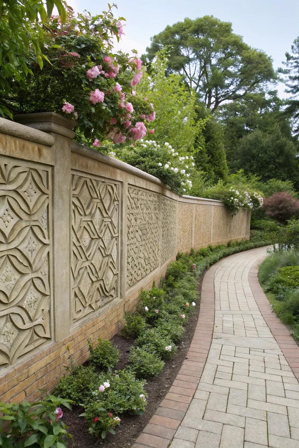 Artistic patterns bringing a paver wall to life.