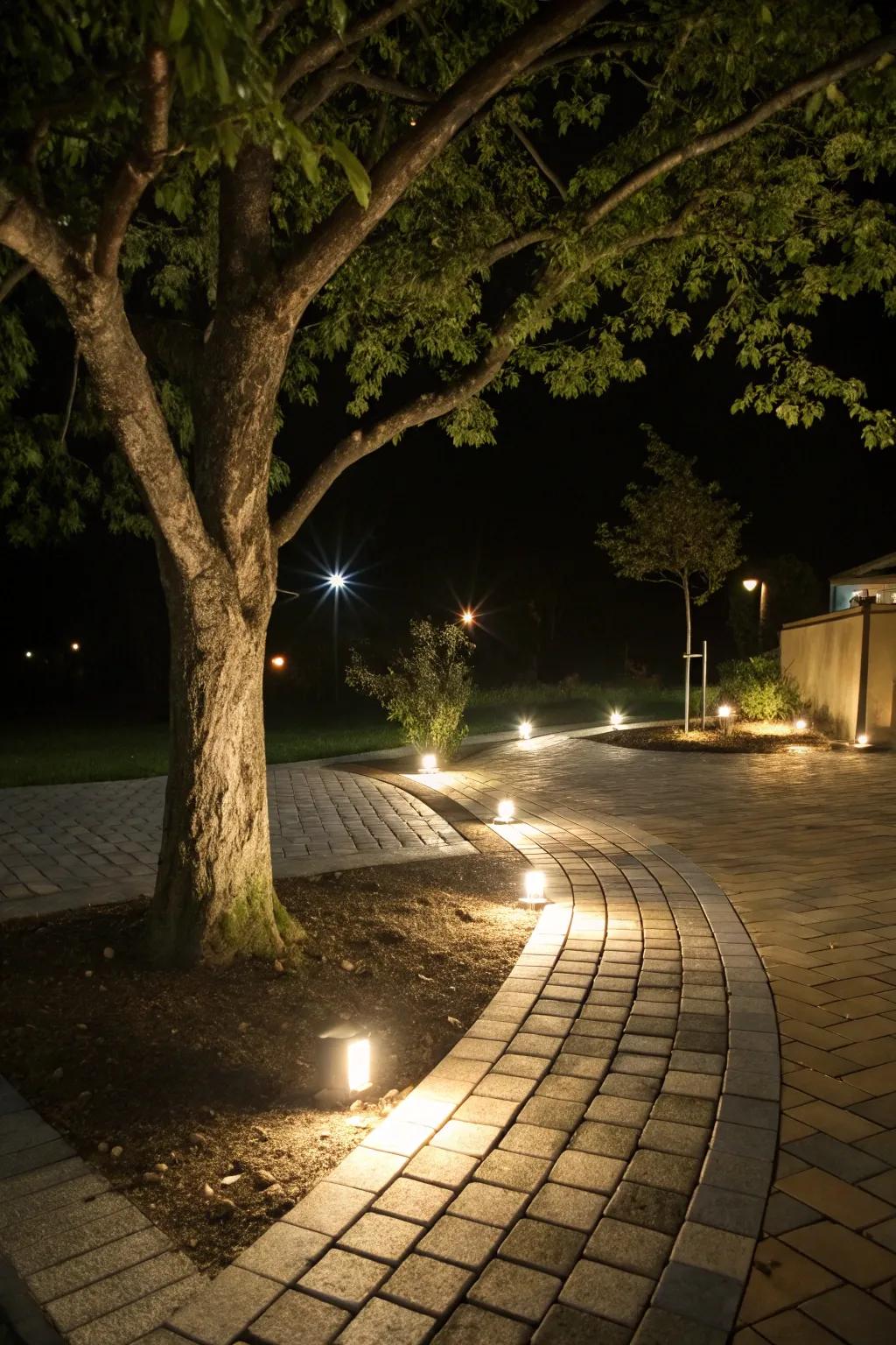 A tree beautifully lit by solar lights within pavers, creating an enchanting night scene.