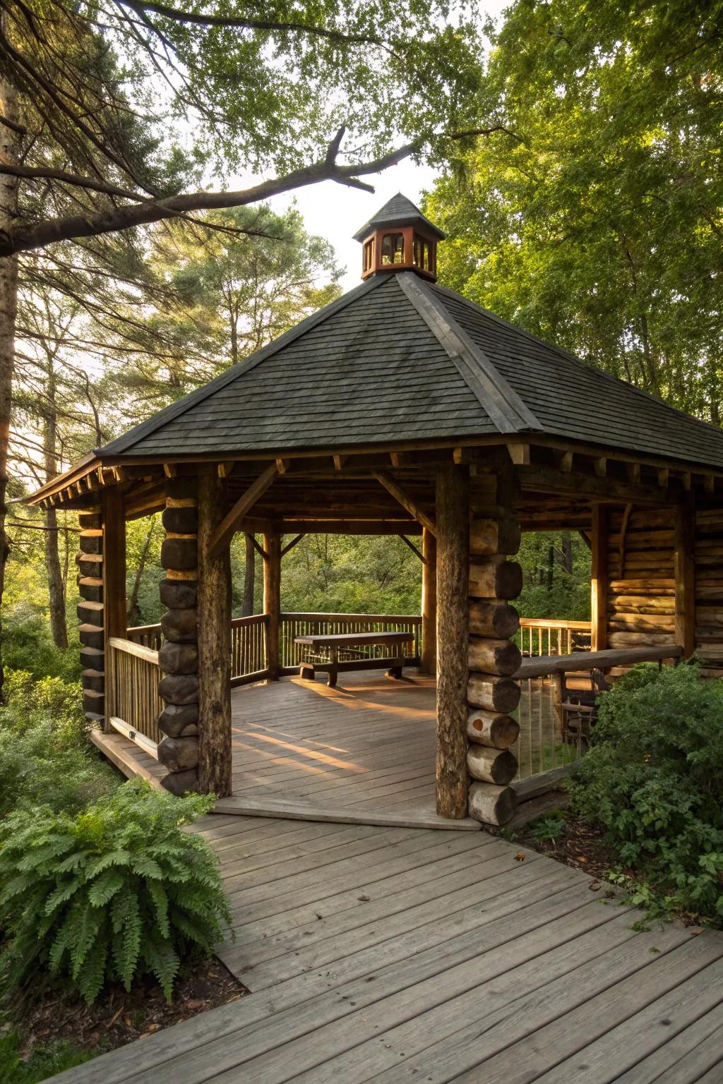 Rustic log walls creating a cozy, natural pavilion retreat.