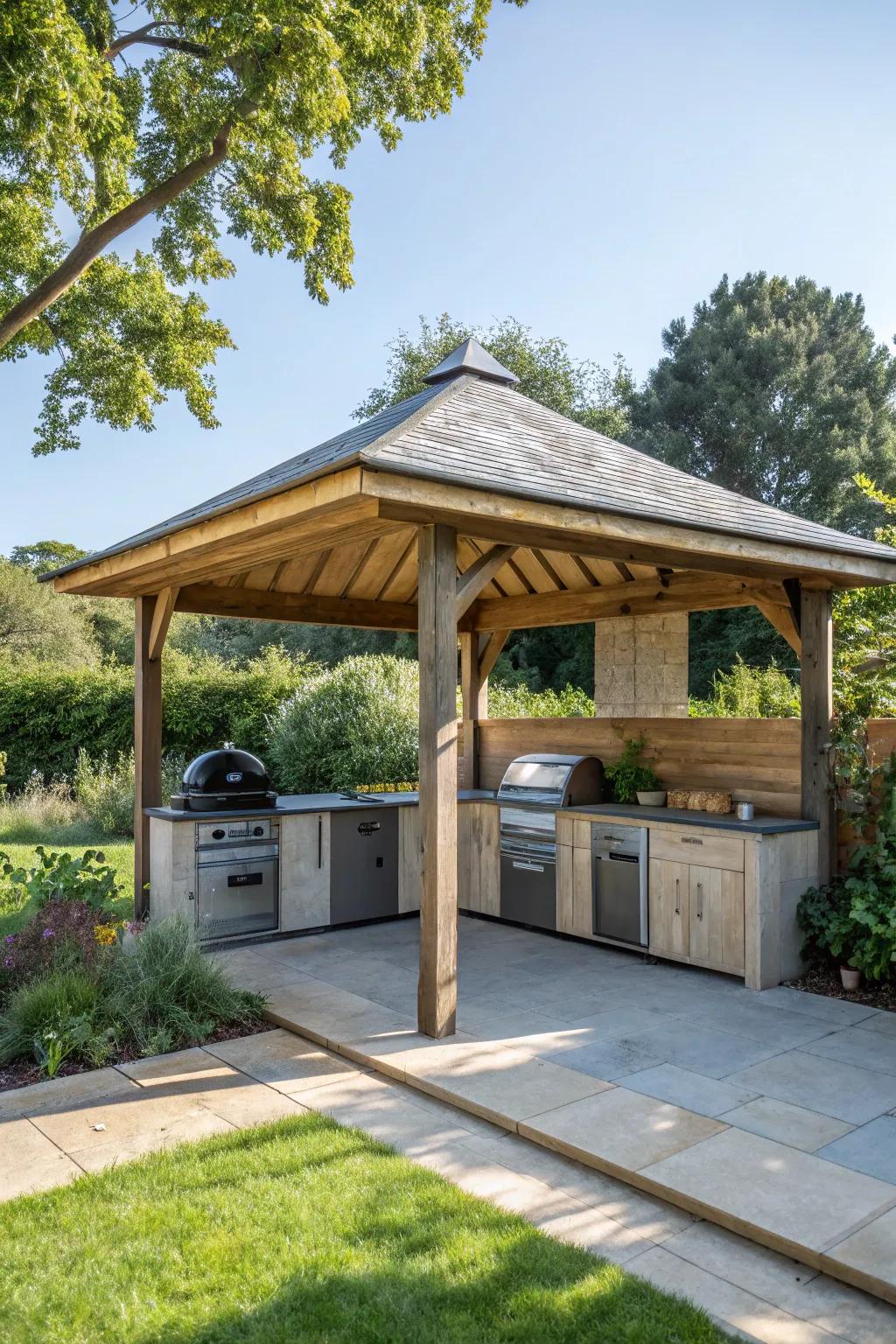 A pavilion designed with sustainability in mind, featuring eco-friendly elements.