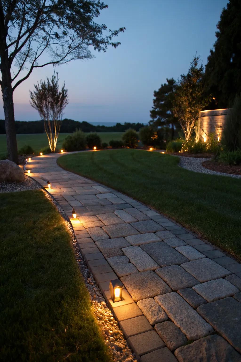 Integrated lighting adds drama and safety to pathways.