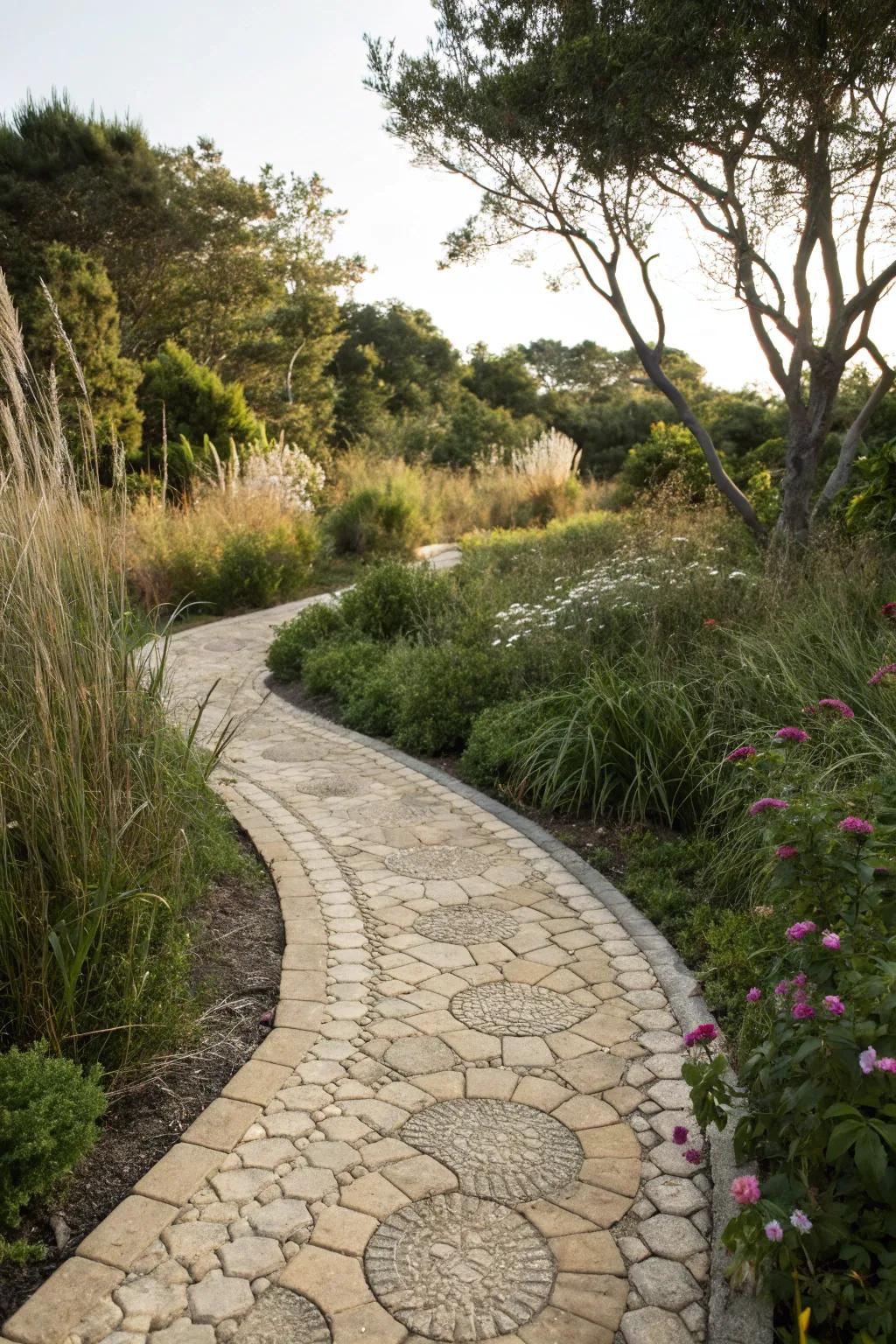 Coastal charm with unique shellstone pavers.