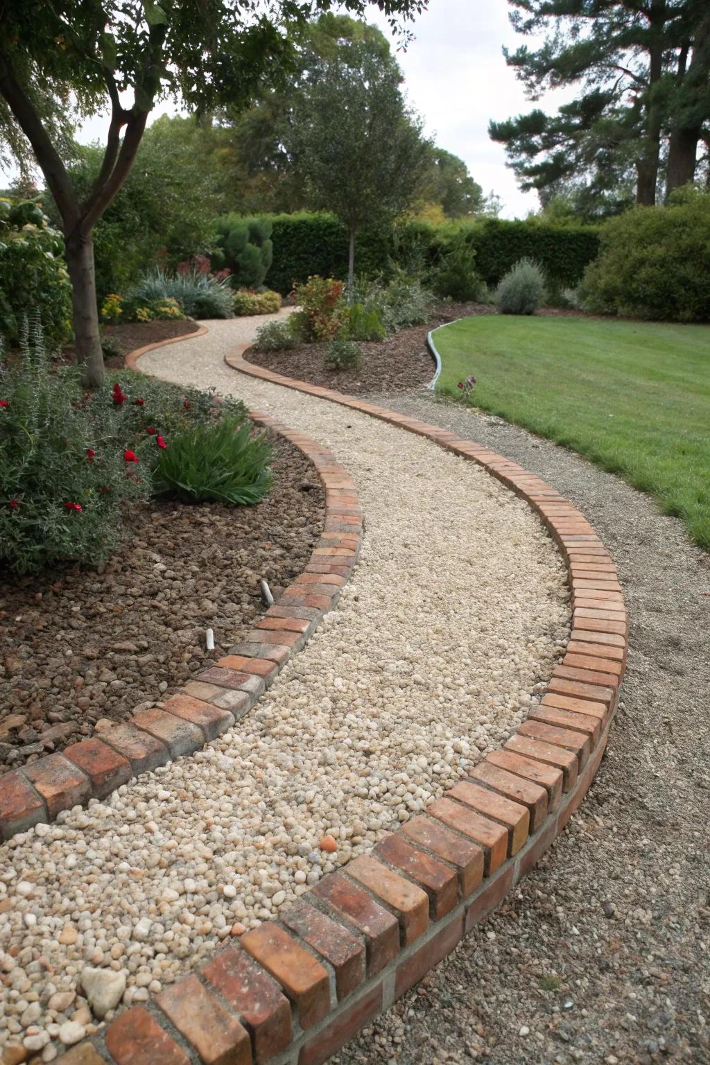 Decorative edging defines and beautifies pea gravel paths.