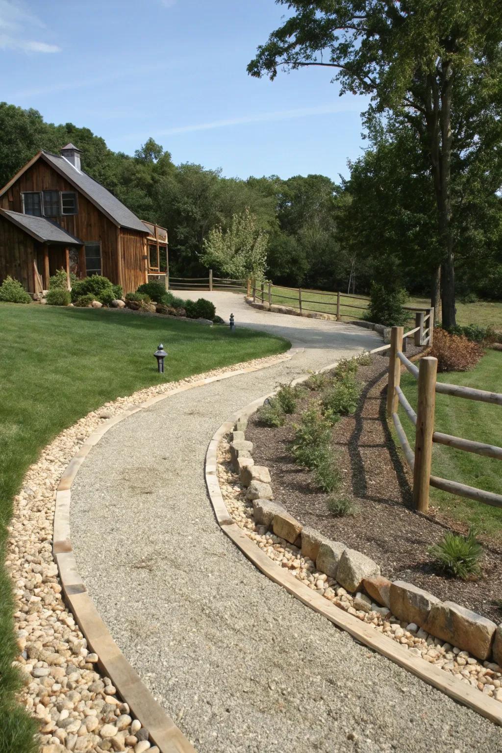 A rustic pea gravel driveway with natural elements.