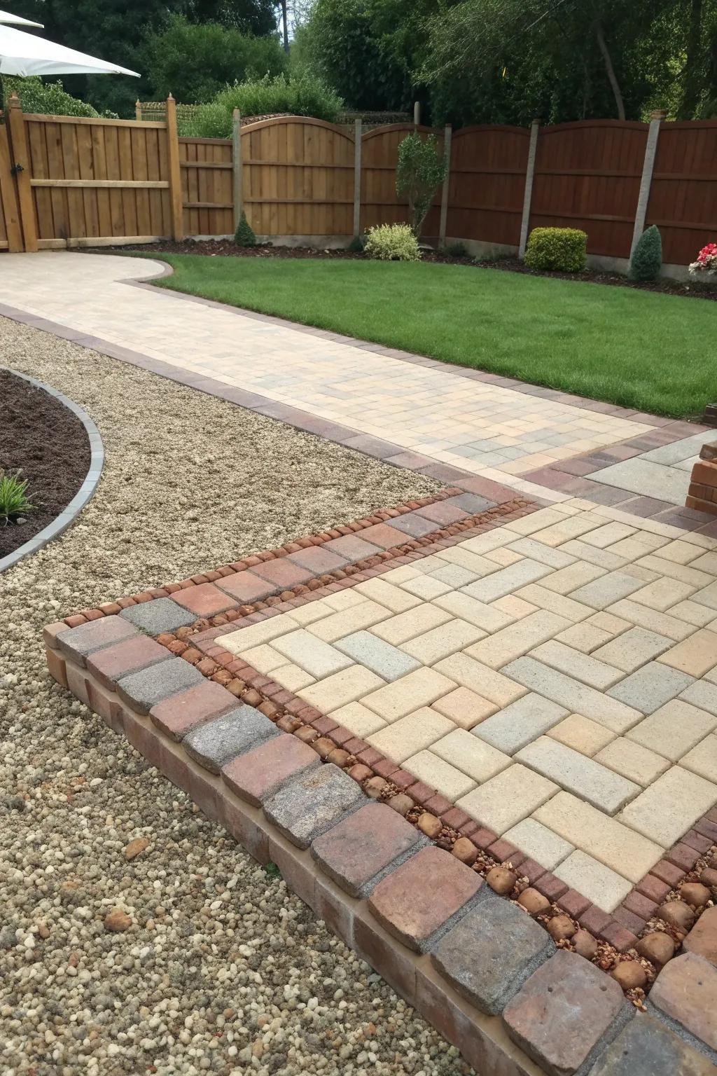 A creative mix of pavers and gravel forms a unique patio design.