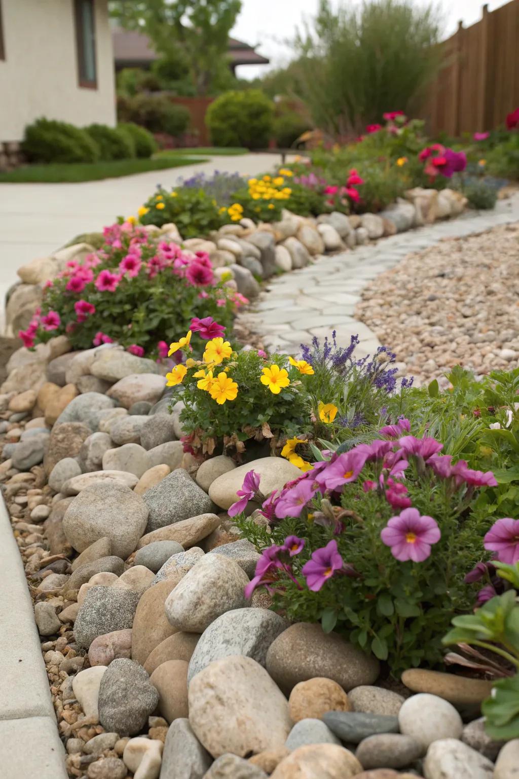 Pebbles used as mulch in a flower bed for practicality and beauty.