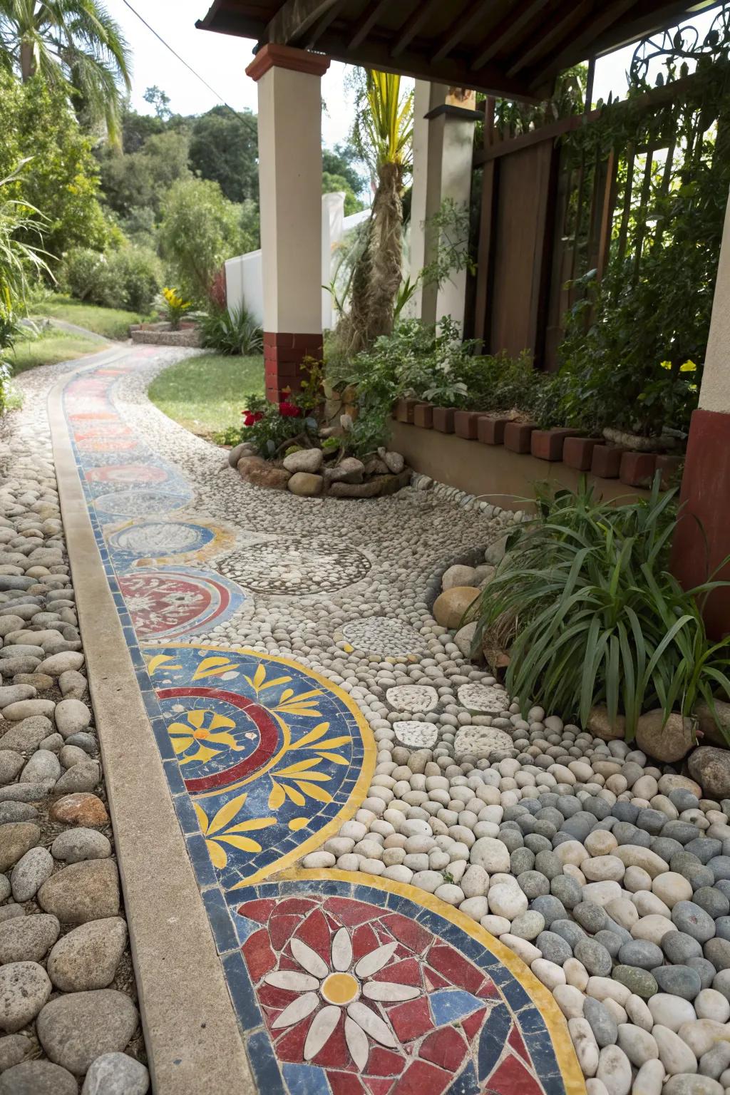 Mosaic tiles add an artistic flair to pebble patios.
