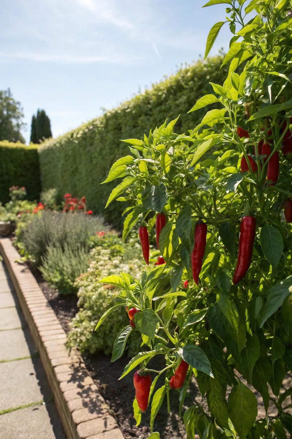A sun-drenched garden corner with pepper plants basking in the light.