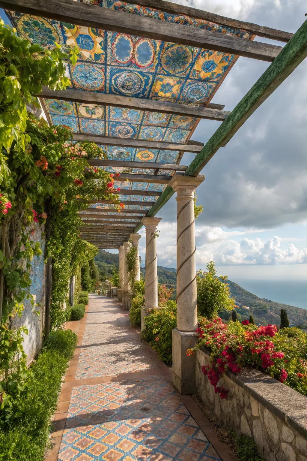 Mosaic tiles infuse your pergola with Mediterranean charm.