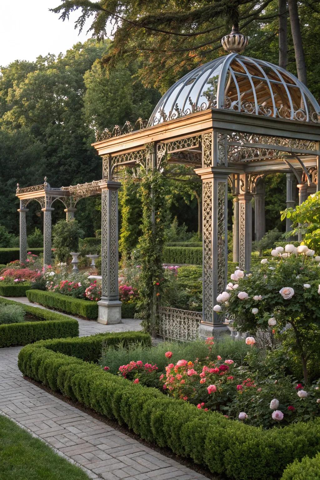 Metallic pergolas add a touch of glamour and luxury to outdoor spaces.