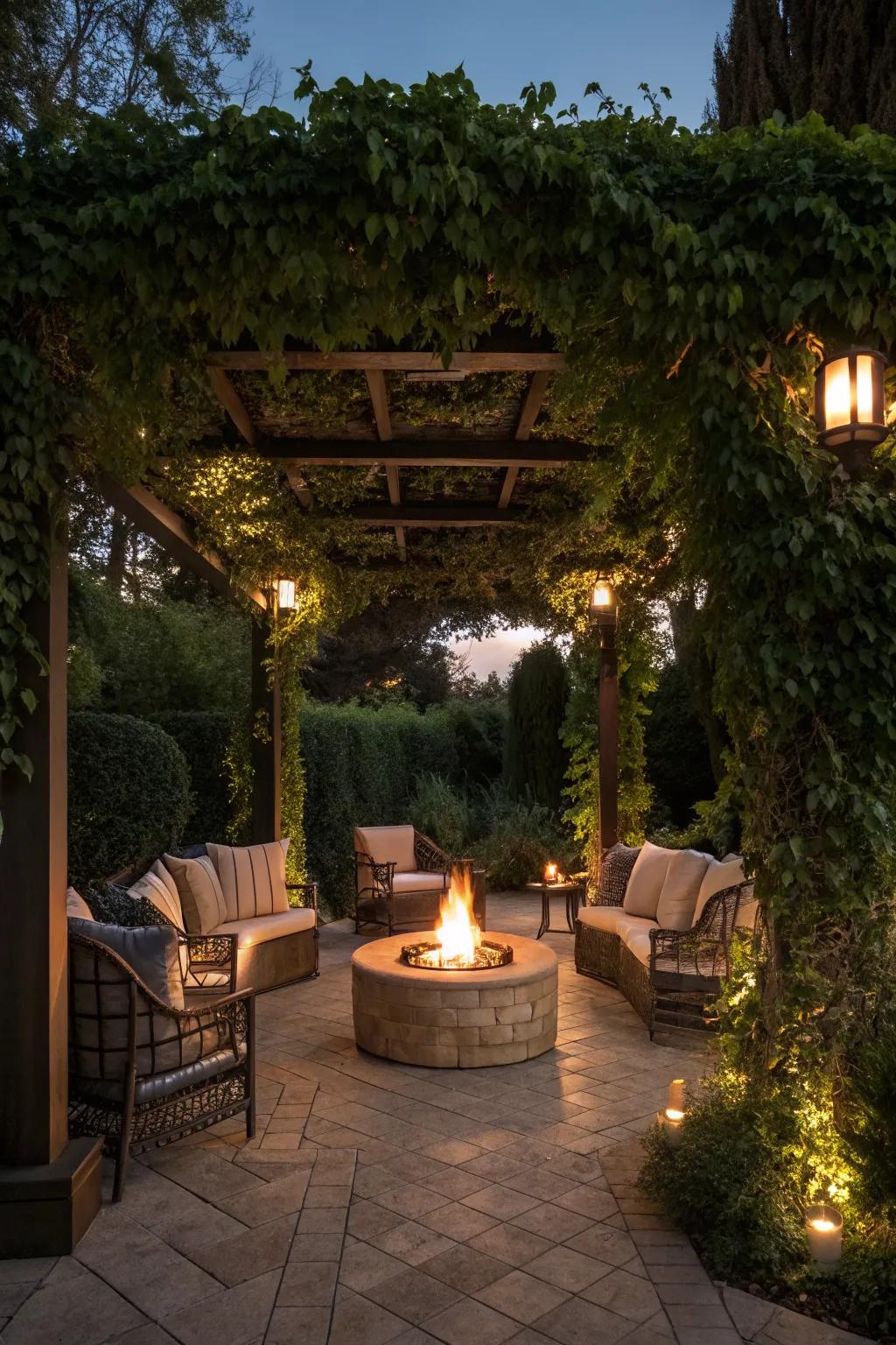 A pergola with a fire pit for cozy evening gatherings