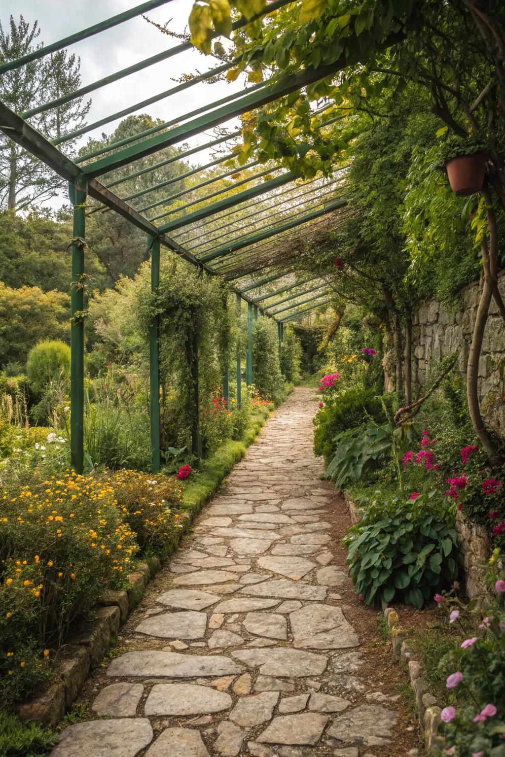 A rustic stone pathway inviting you into a pergola greenhouse.