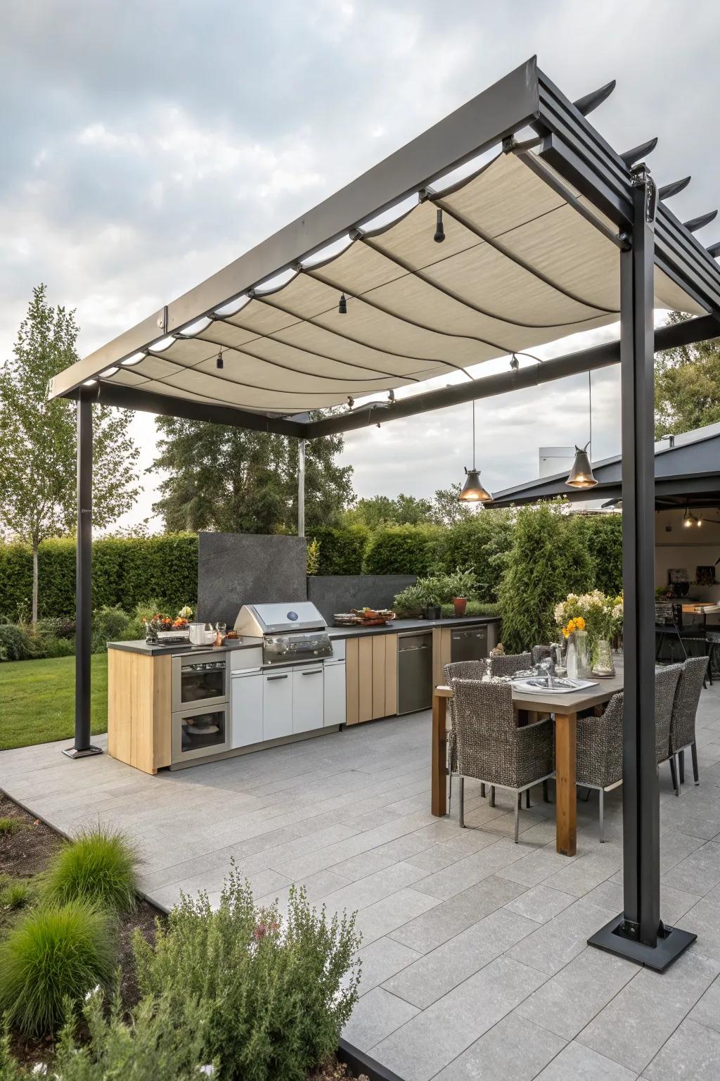 Retractable canopies offer flexible shade solutions.