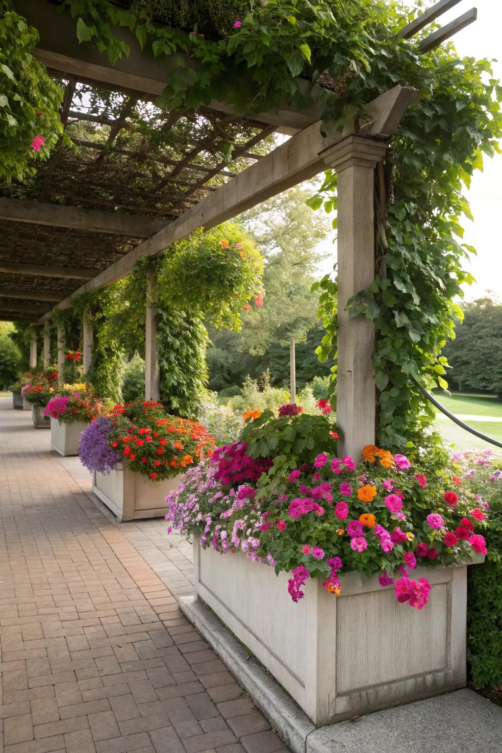 Built-in planters bring nature closer in this pergola design.