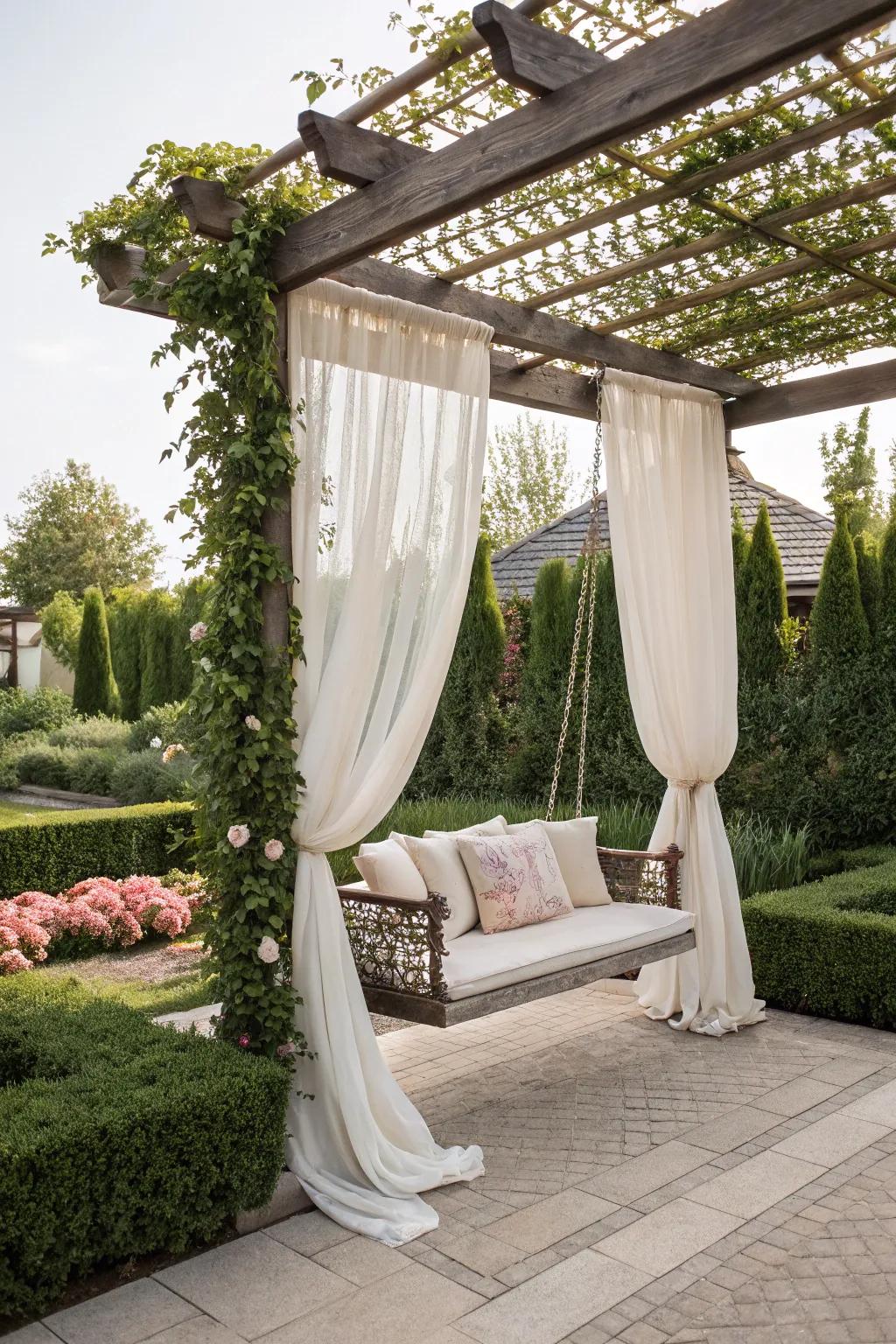 Curtains add privacy and elegance to a pergola swing.