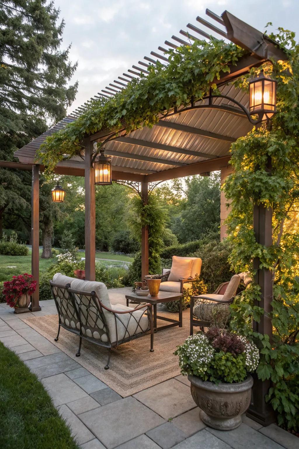 A metal roof adds rustic charm and durability to your pergola.