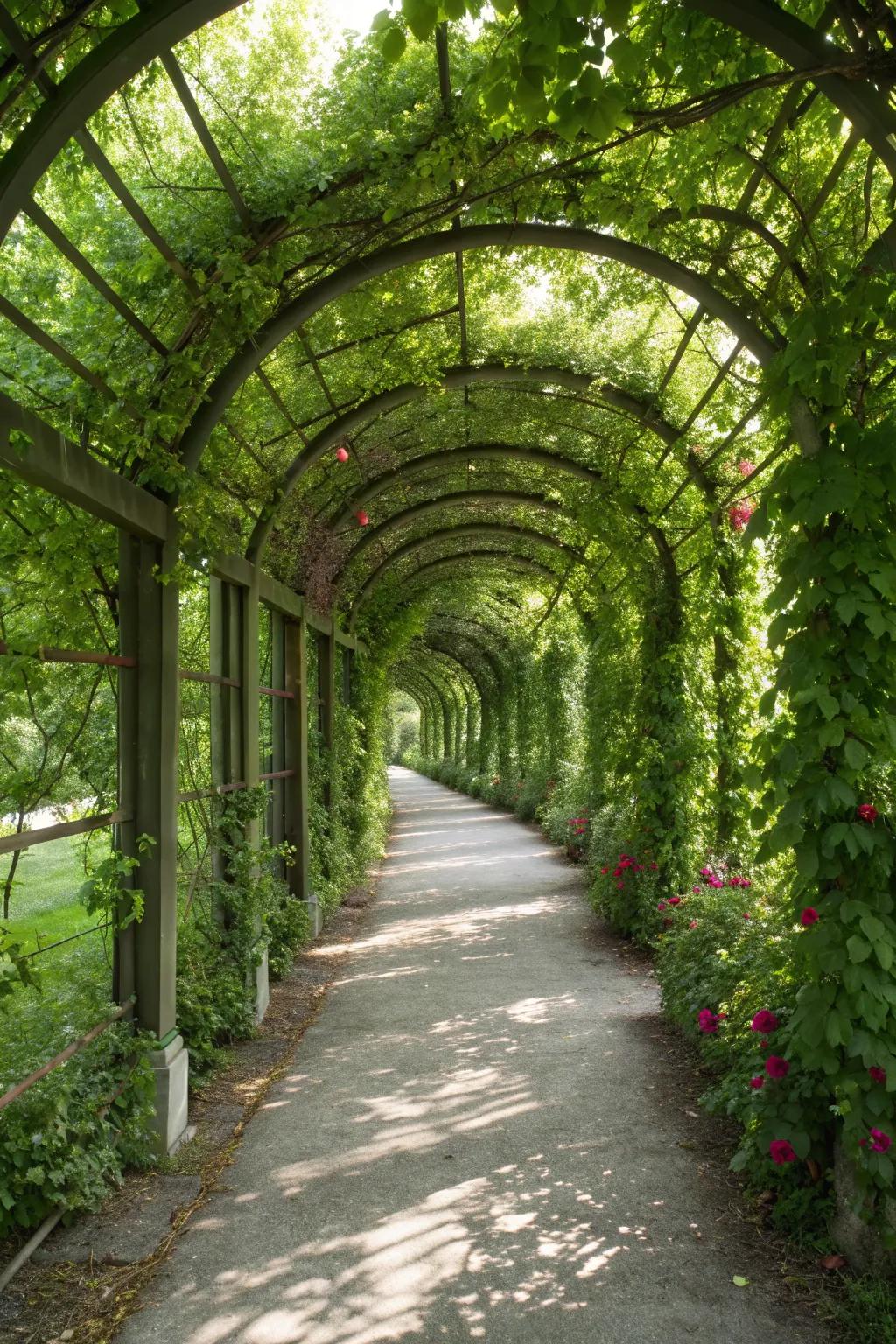 A pergola walkway transformed into an enchanting green tunnel.