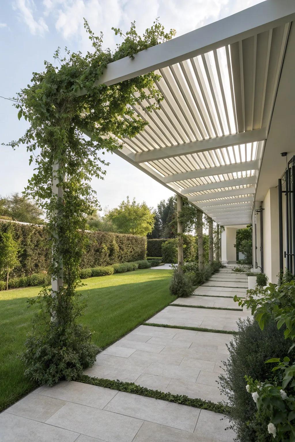 A pergola with a modern trellis featuring horizontal slats.