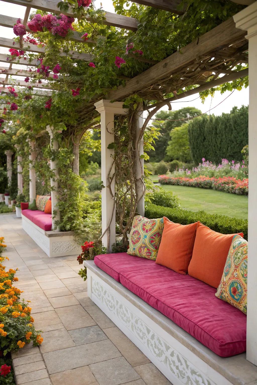 Bold color accents on bench seating under a pergola.