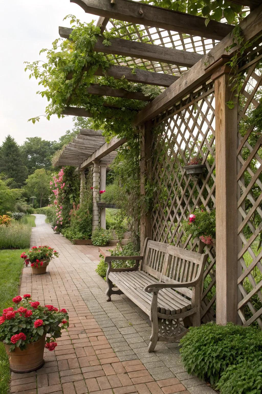 Integrated benches offer cozy seating under your pergola.