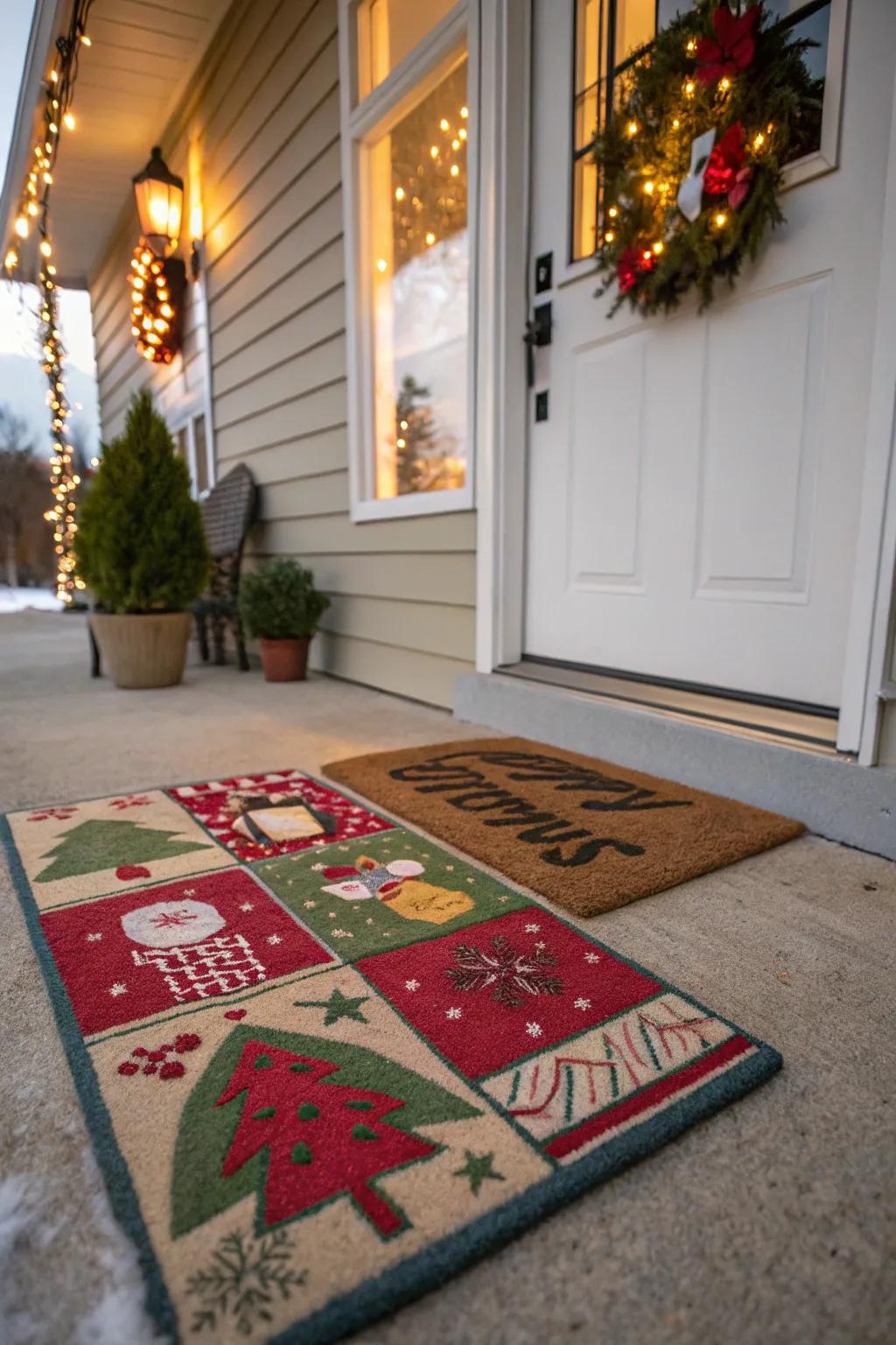A holiday-themed door mat bringing festive cheer.