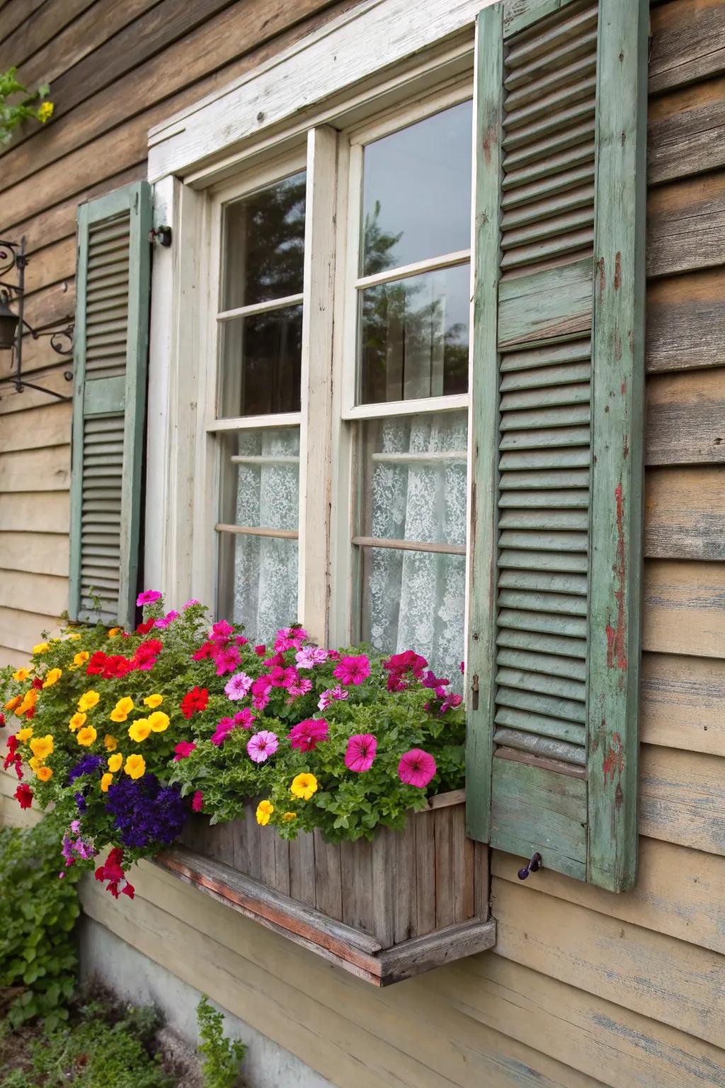 Old shutters repurposed as window boxes exude vintage charm.