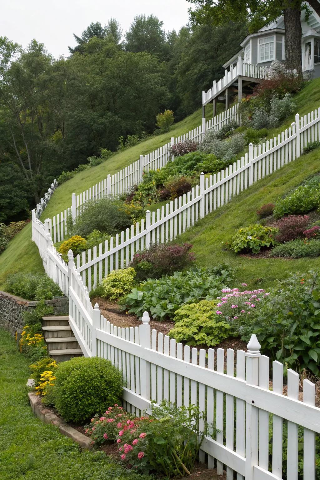 Tiered designs add depth to sloped landscapes.