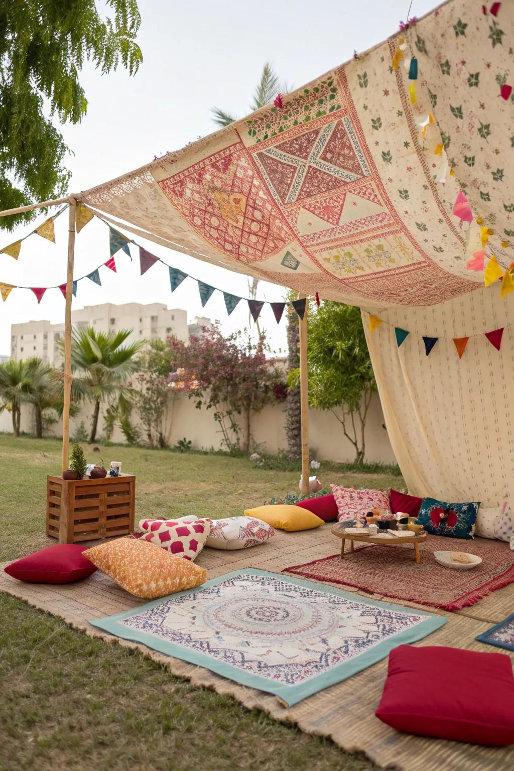 A tapestry canopy adding bohemian style and shade.