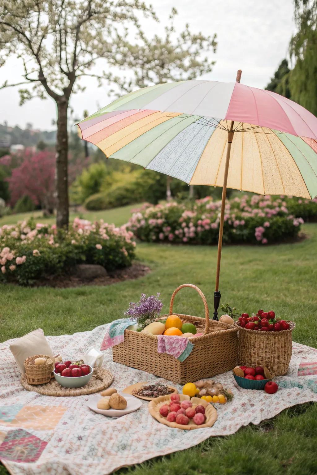 A parasol offers shade and whimsy to your picnic setup.
