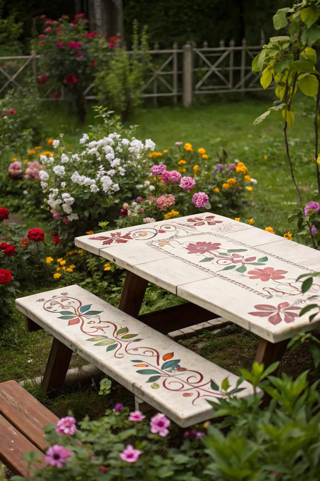 A picnic table with stenciled floral motifs adds elegance to a flower-filled garden.