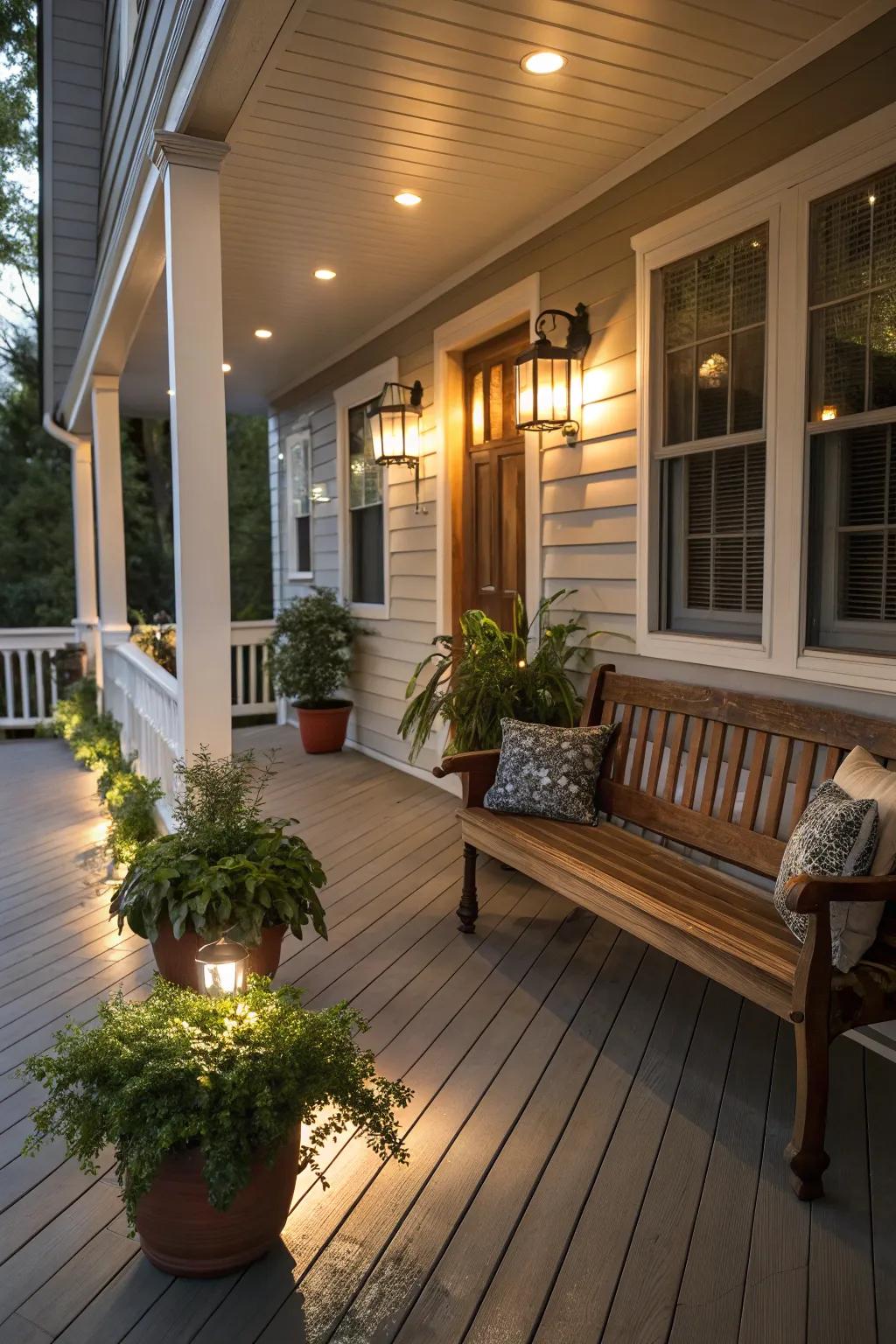 Railing lights offer a magical evening ambiance.