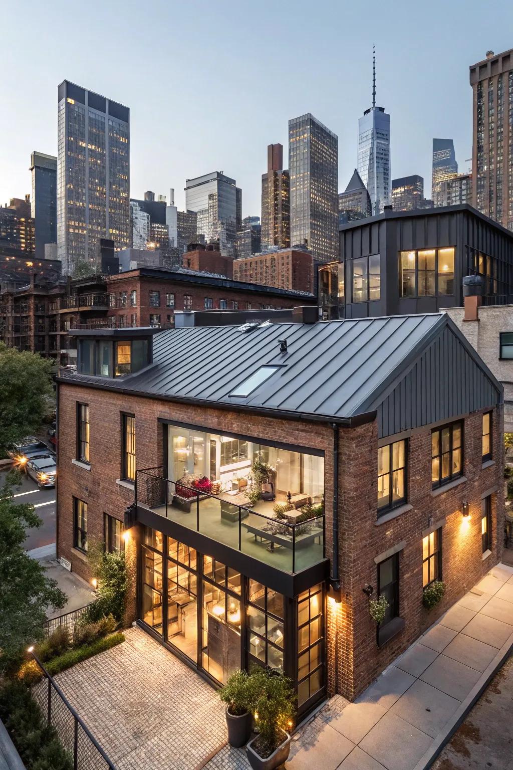A modern industrial-style home with a sleek metal roof, perfect for urban enthusiasts.