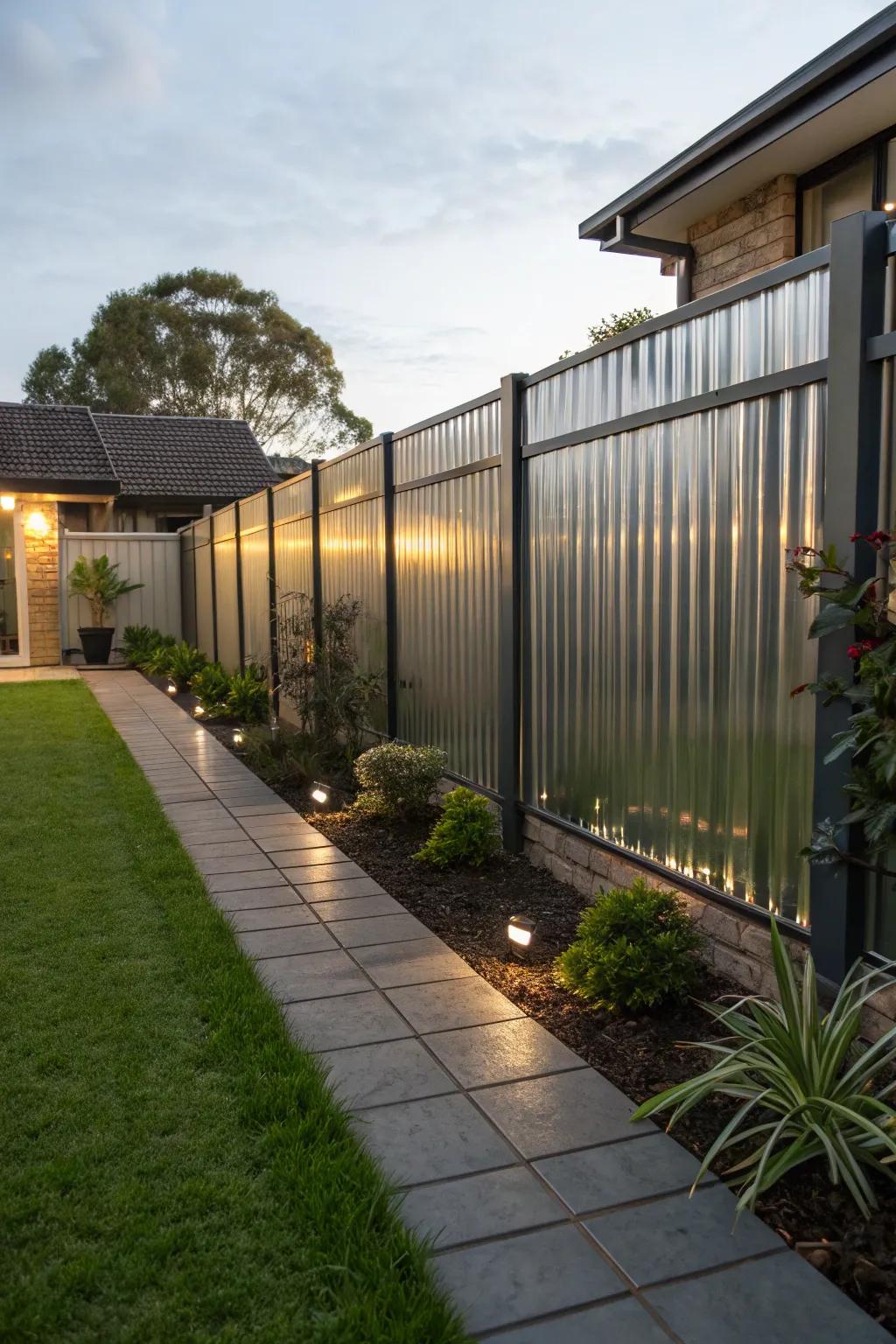 Modern flair with reflective metal privacy fencing.